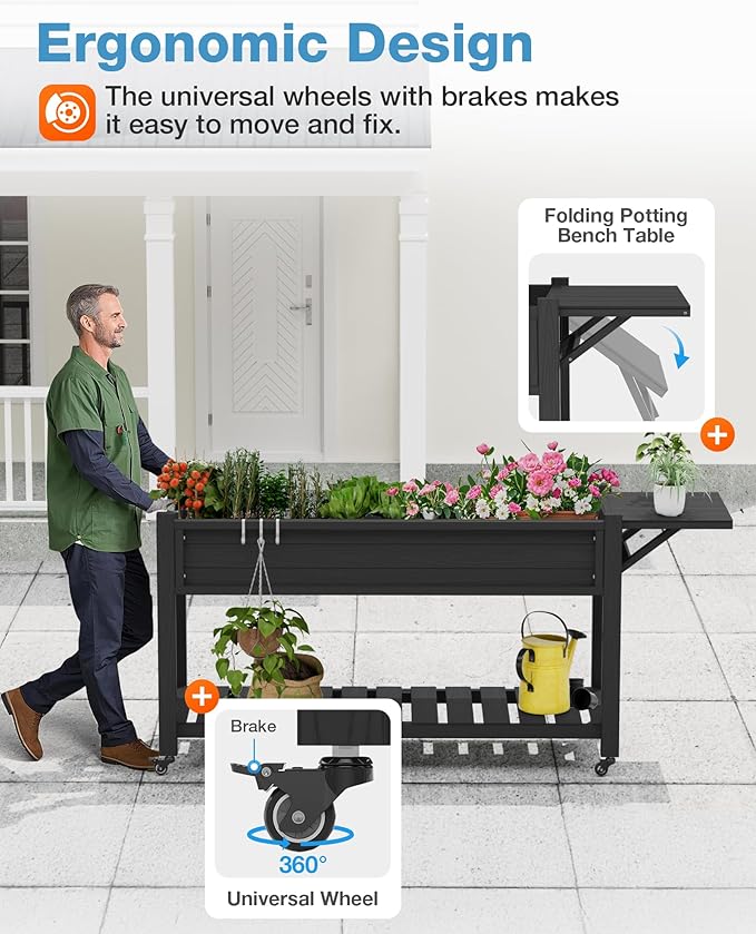 YEFU Raised Garden Bed with Legs: 57x18x30in Weight Capacity 400lb - Waterproof Raised Planter Box with Wheels - Elevated Garden Bed with Storage Shelf - Weather Resistant - for Deck/Patio/Porch/Black