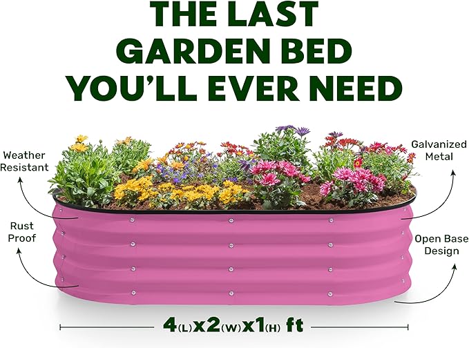 Plant & Plot Galvanized Raised Garden Beds Outdoor // 4×2×1 ft Planter Raised Beds for Gardening, Vegetables, Flowers (Pink) // Large Metal Garden Box