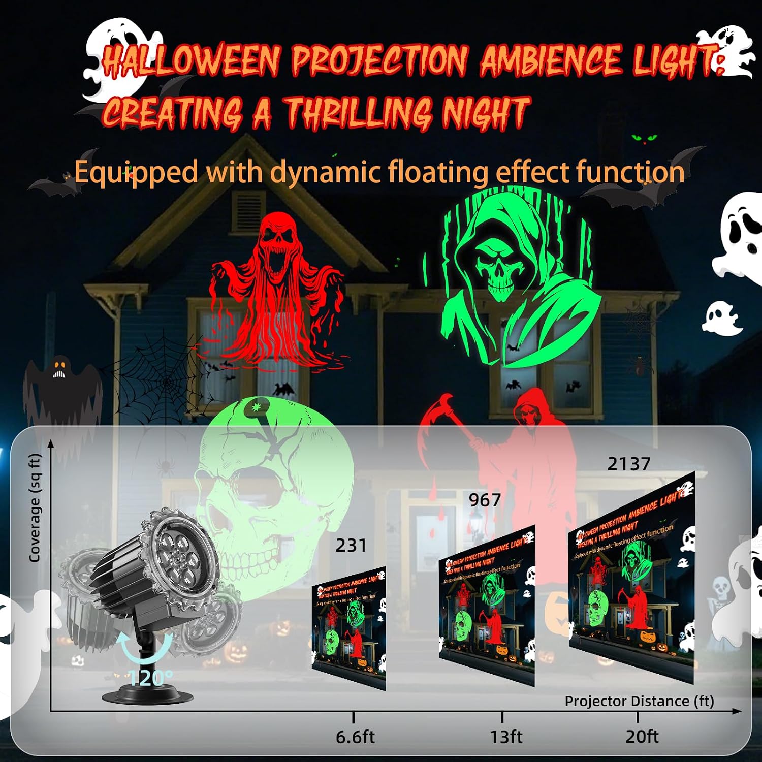 Halloween Projector Lights Outdoor, 3D Skull Ghost Halloween Decorations Outdoor Projector Lights for Indoor Window Wall Halloweens Decor