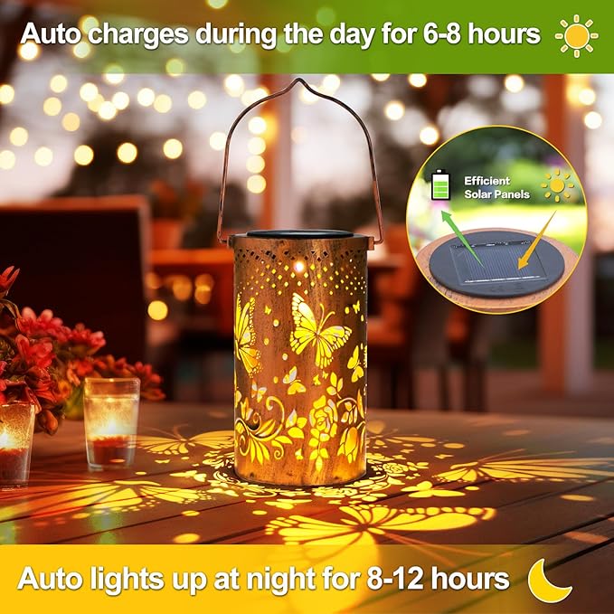2 Pack Butterfly Birthday Gifts for Women Mom Grandma Solar Lanterns Outdoor Waterproof Garden Decor Hanging LED Decorative Light for Patio Yard Lawn Gardening Gifts