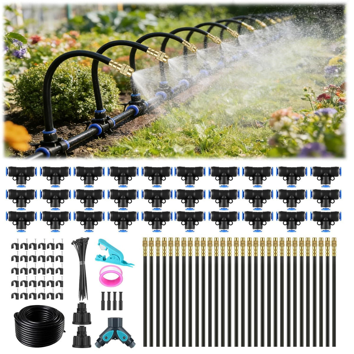 100ft drip irrigation system, 1/4" garden watering misting, main product view