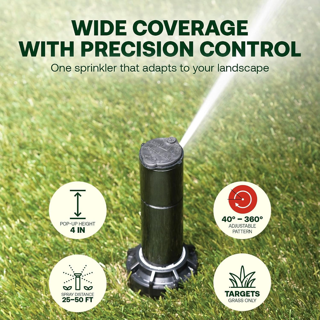 Rain Bird 5000 Heavy Duty Simple Adjust Gear Driven Rotor Sprinkler Head | 4-Pack, 3/4 inch Inlet - Water Efficient 4 inch Pop Up Lawn Sprinkler, Adjustable 40 - 360 Degree Arc and 25 - 50 ft Radius