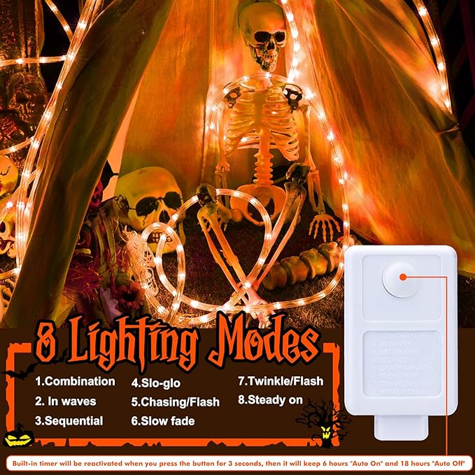 50ft LED Rope Lights Outdoor, 360 LED Connectable and Flexible Tube Lights with 8 Modes, Waterproof Indoor Outdoor LED Rope Lighting for Deck, Garden, Pool, Patio, Party, Holloween Decoration (Orange)