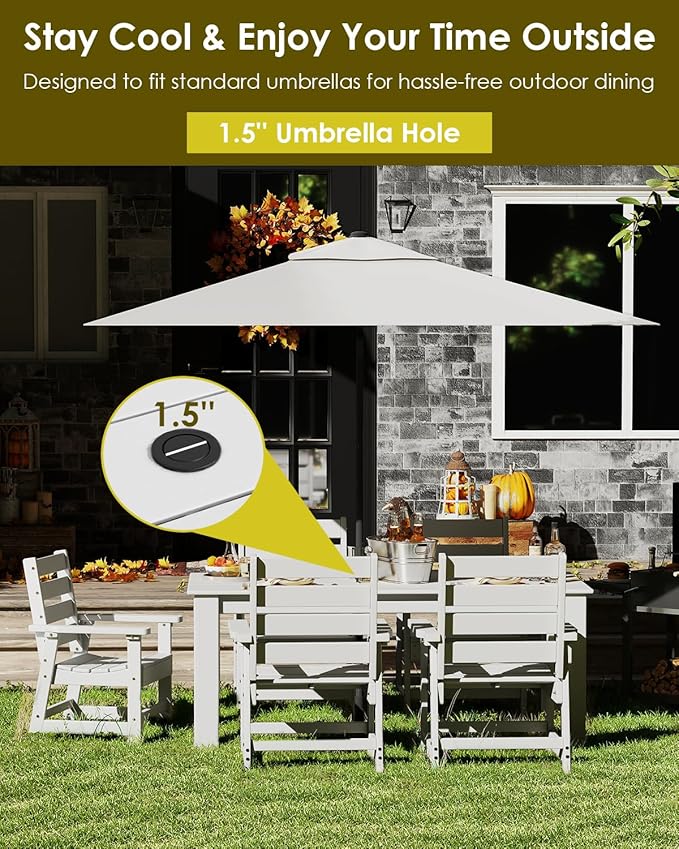 GREENVINES 7-Piece Outdoor Dining Set | HDPE | Patio Table and Chairs Sets for 6 | Patio Furniture | All Weather | Umbrella Hole | White | for Backyard Poolside Garden