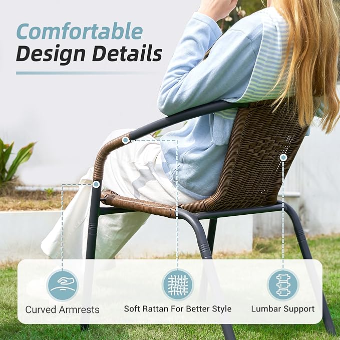 Amopatio Outdoor Dining Chairs Set of 6, Rattan Wicker Patio Chairs, Stackable Indoor-Outdoor Chairs, Bistro, Deck, Yard, Porch, 6 Pack, Brown