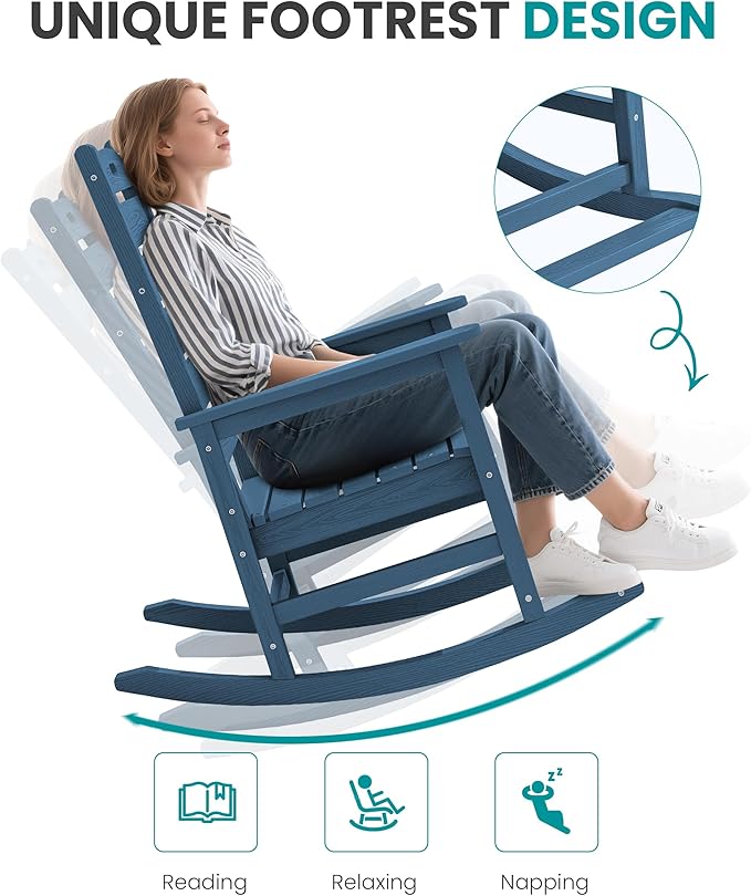 SERWALL Outdoor Rocking Chair Set of 2, Oversized Rocking Chair with Footboard for Adults, HDPE All Weather Resistant Rocking Chairs for Patio, 350lbs Weight Capacity, Navy