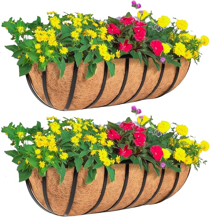2 Pack 16" Railing Planter Window Box with Coco Fiber Liner Horse Trough Planter The Railing Planter Boxes for Deck Porch Fence Outdoor