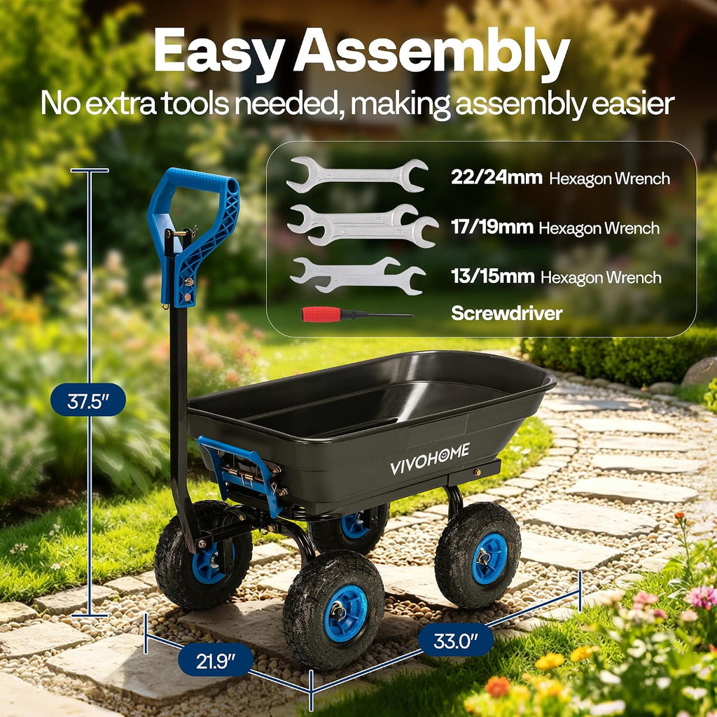 vivohome 660lbs wheelbarrow dump garden cart with 2-in-1, close-up detail