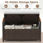 Tangkula 46 Gallon Outdoor Bench with Storage, Outdoor PE Rattan Storage Bench with Cushion, Backrest & Acacia Wood Armrests, Metal Frame, Waterproof Deck Box Seat for Porch Backyard Poolside