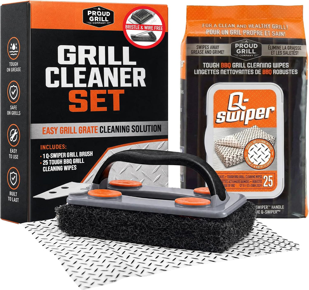 Proud Grill Q-Swiper Easy-Clean Grill Cleaner Set, Grate Cleaning Solution | Set -1 Bristle-Free Brush with Scraper & 25 Moist Cleaning Wipes, Grease & Grime Remover for Outdoor Grilling, Safe on Grills