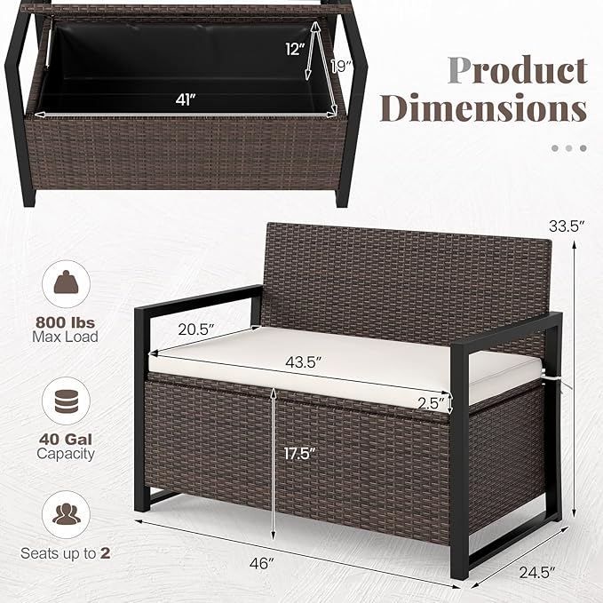 Tangkula 40 Gallon Outdoor Bench with Storage, Patio Wicker Storage Bench with Cushion, Cover, Metal Frame, Deck Box Seat for Backyard, Poolside, Balcony, Garden