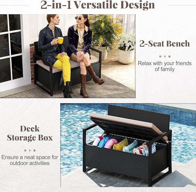 Tangkula 40 Gallon Outdoor Bench with Storage, Patio Wicker Storage Bench with Cushion, Cover, Metal Frame, Deck Box Seat for Backyard, Poolside, Balcony, Garden