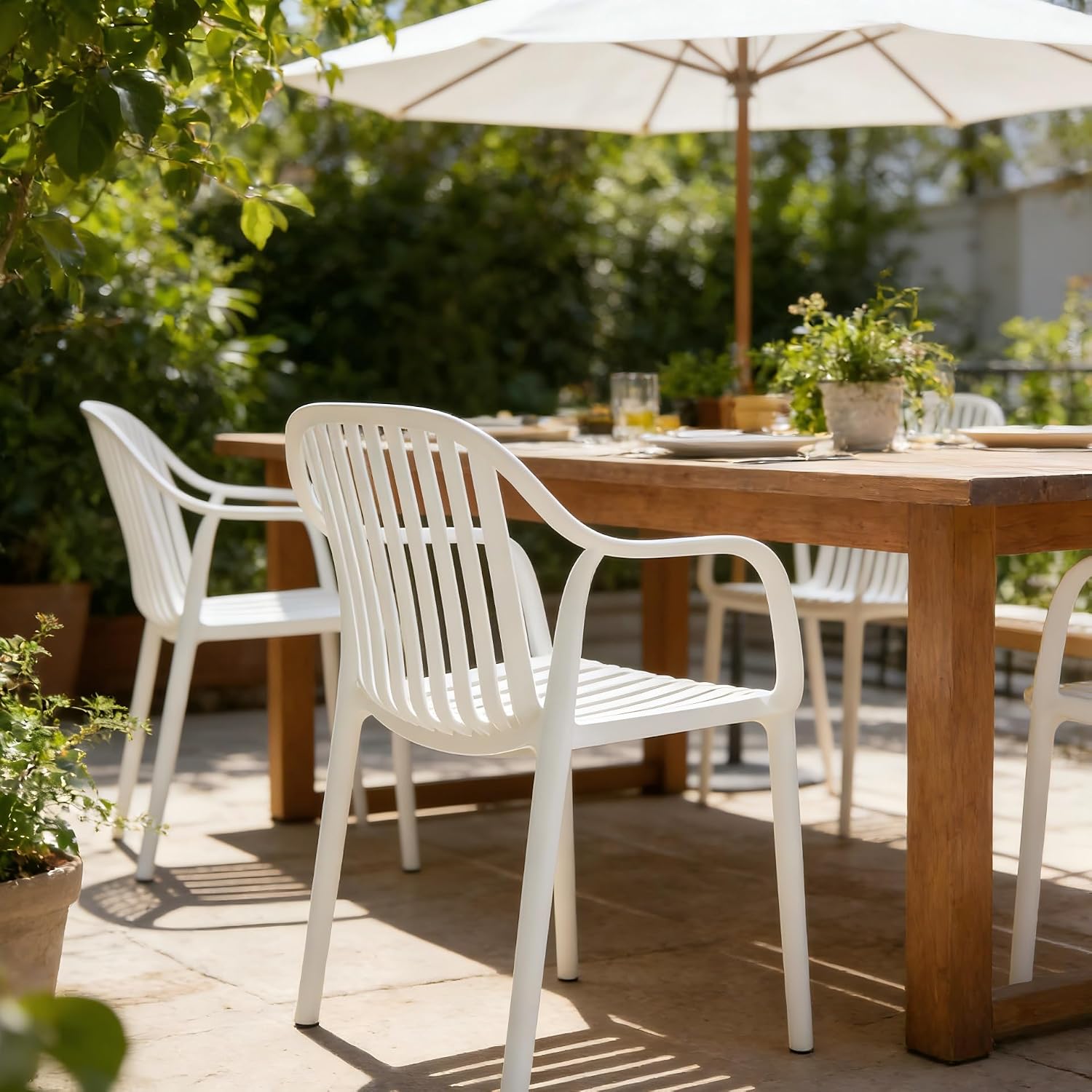 UV-Resistant Outdoor Dining Chairs, Set of 4 (White) | UV-Resistant, Sackable, No Assembly Needed, 300lb Capacity, Plastic Modern Armchairs for Patios