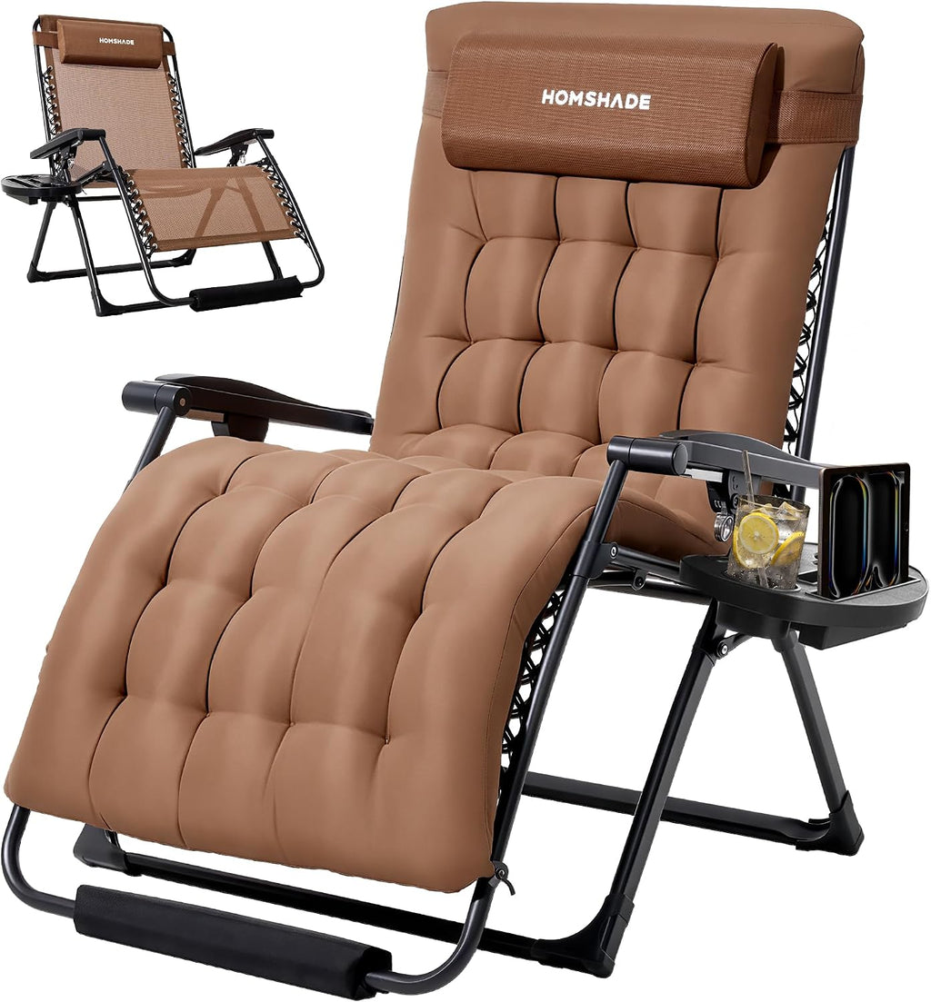 33 Inch XXL Oversized Zero Gravity Chair, Support 500 LBS, Brown | Heavy Duty Zero Gravity Lounge Chair Outdoor, Indoor Recliner Chairs w/Removable Cushion, Footrest, Headrest & Cup Holder