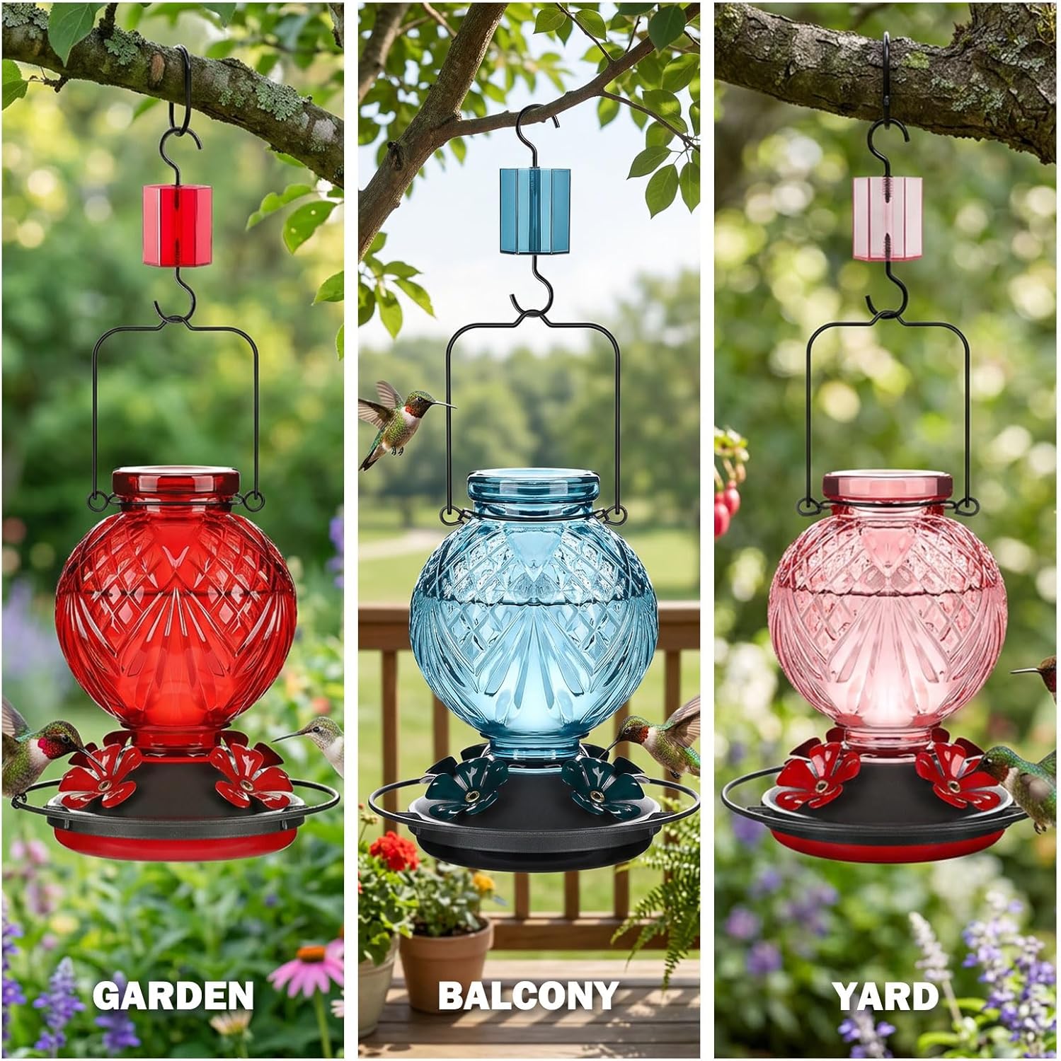 20oz Glass Hummingbird Feeder for Outdoor with Anti-Bee Ports, Red | Attract More Hummingbirds, Durable Glass, Leak-Proof, Easy To Clean, Built In Ant Moat, Bird Lover Gift, Hanging Garden Decor