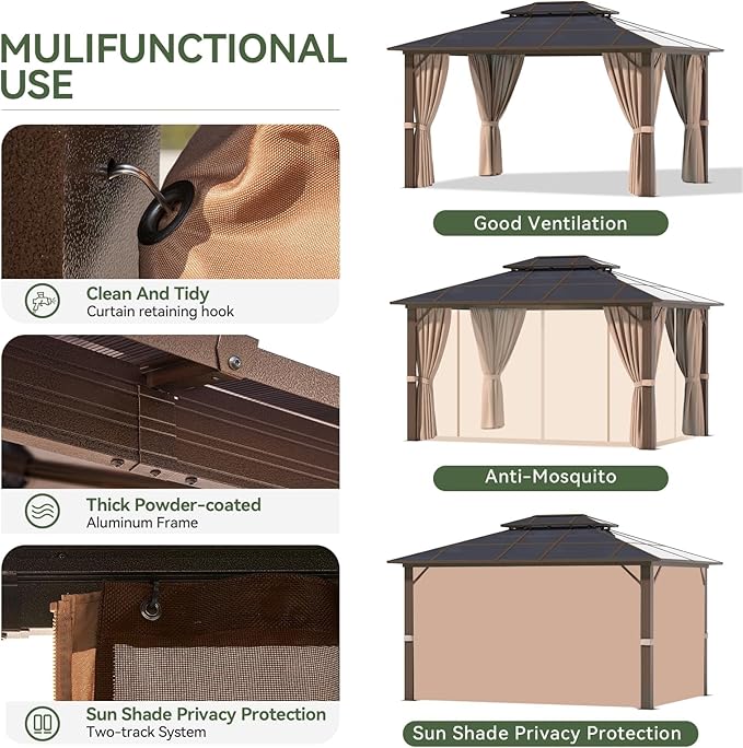 Aoxun 10'x12' Hardtop Gazebo, Aluminum Frame Permanent Pavilion with Netting and Curtains, Outdoor Polycarbonate Double Roof Canopy with Ceiling Fan, Designed for Lawn, Garden, Patio, Brown