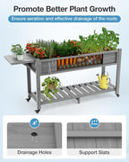 YEFU Raised Garden Bed with Legs: 57x18x30in Weight Capacity 400lb - Waterproof Raised Planter Box with Wheels - Elevated Garden Bed with Storage Shelf - Weather Resistant - for Deck/Patio/Porch/Grey