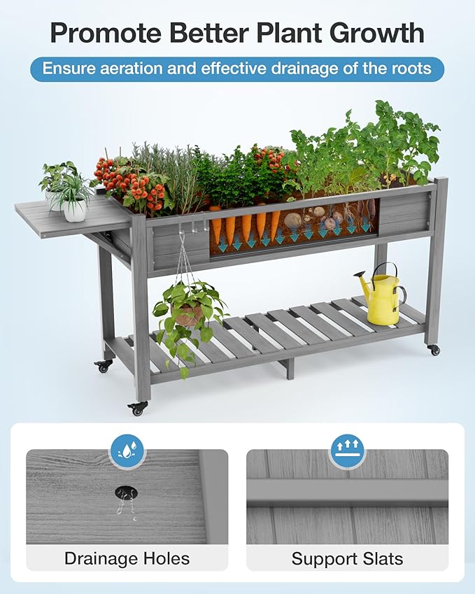 YEFU Raised Garden Bed with Legs: 57x18x30in Weight Capacity 400lb - Waterproof Raised Planter Box with Wheels - Elevated Garden Bed with Storage Shelf - Weather Resistant - for Deck/Patio/Porch/Grey