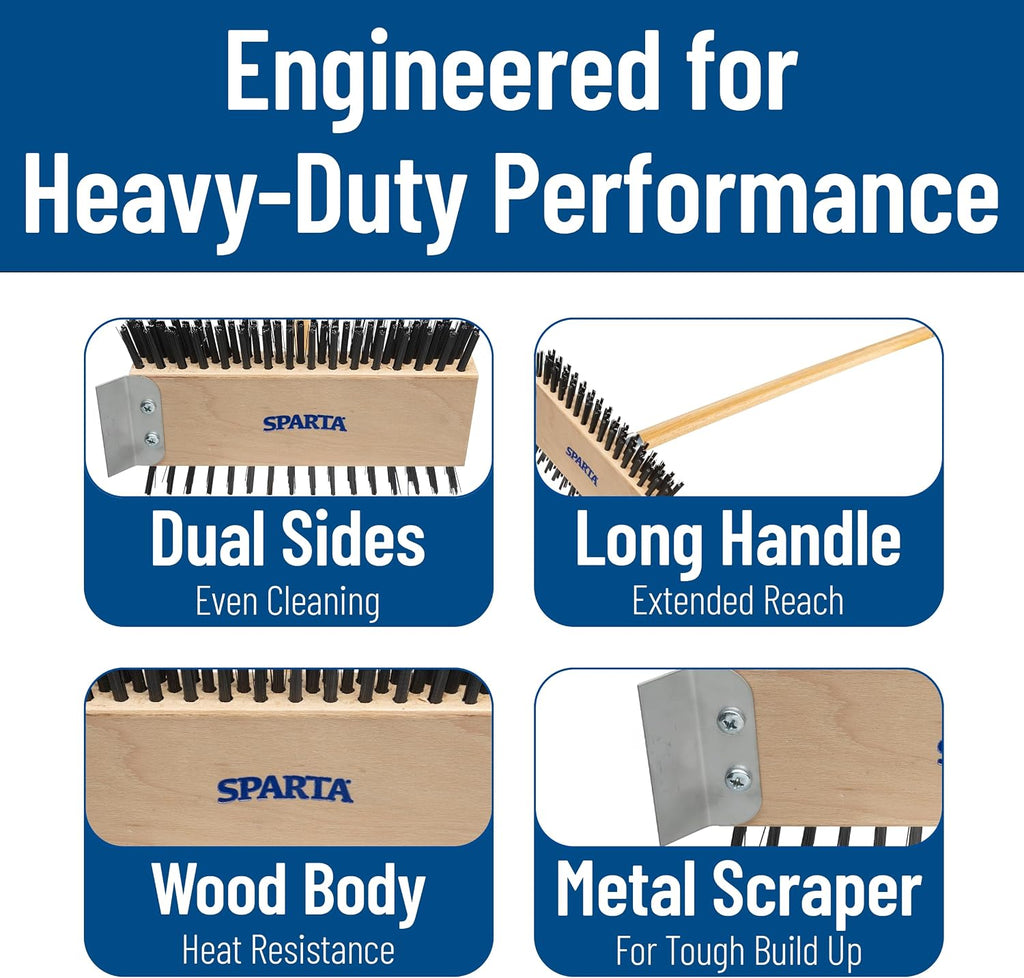SPARTA 4002600 Stainless Steel Grill Brush, Grill Scraper With Long Handle For Commercial Cleaning, Kitchens, Restaurants, Bathrooms, 30 Inches, Brown