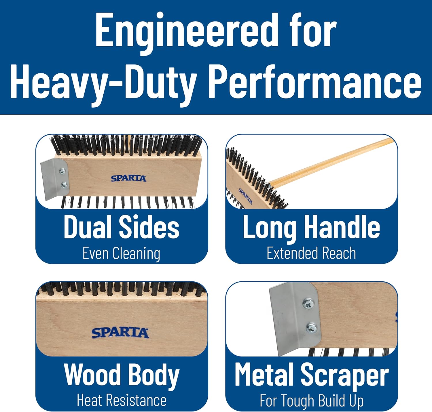 SPARTA 4002600 Stainless Steel Grill Brush, Grill Scraper With Long Handle For Commercial Cleaning, Kitchens, Restaurants, Bathrooms, 30 Inches, Brown