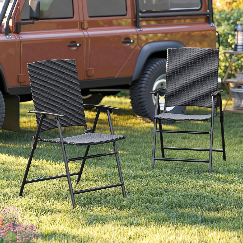 Tangkula Outdoor Folding Chairs Set of 2, Patio PE Wicker Dining Chairs with Armrests and Metal Frame, Portable Lawn Chairs for Garden, Porch, Balcony and Camping, Fully Assembled (1, Mix Brown)