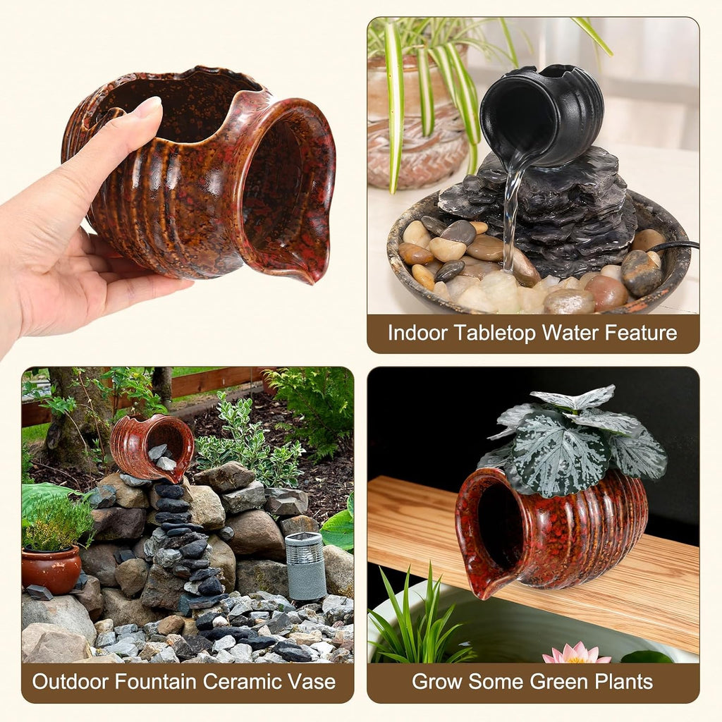 M METERXITY Ceramic Garden Fountain Spitter, Clay Pot Ecological Tank for Pond/Backyard Water Feature/Cave Waterfall/Landscaping, DIY Water Flow Jar Hydroponic Vase [5.5in, Iridescent Red]