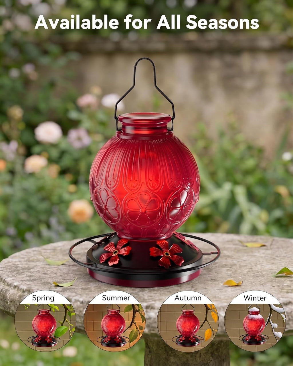26Oz Hummingbird Feeder for Outdoors, Vintage Glass Bird Feeder with Perch, Durable & Easy to Clean, Hanging Nectar Feeder for Garden, Yard, Deck – Gift for Bird Lovers (Red)