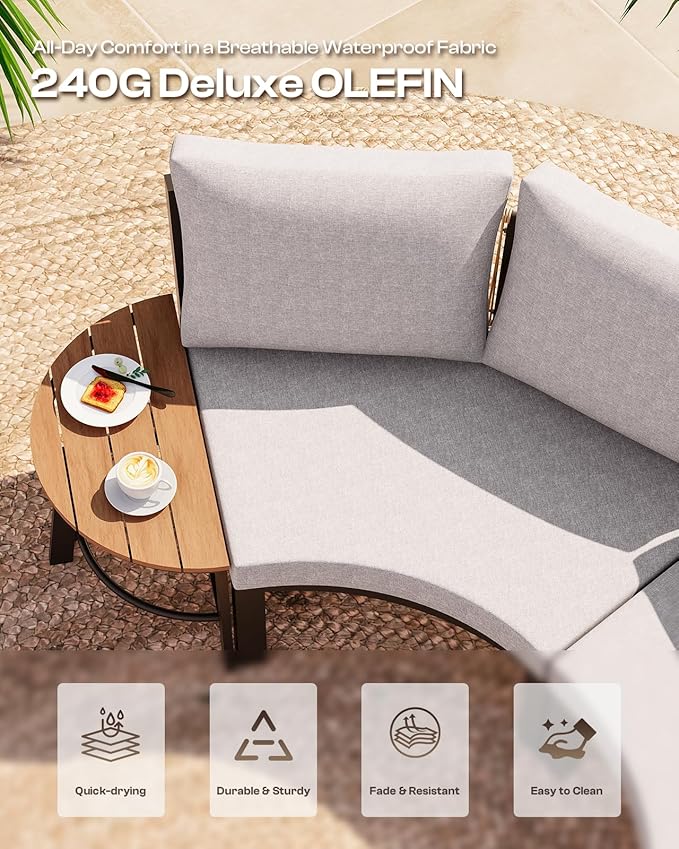 Outdoor Patio Sectional Modular Sofa, Aluminum 1 Piece Curved Patio Couch with Washable Cushions, All Weather PE Rope Sofa for Backyard,Porch, Deck, Poolsid, Gray