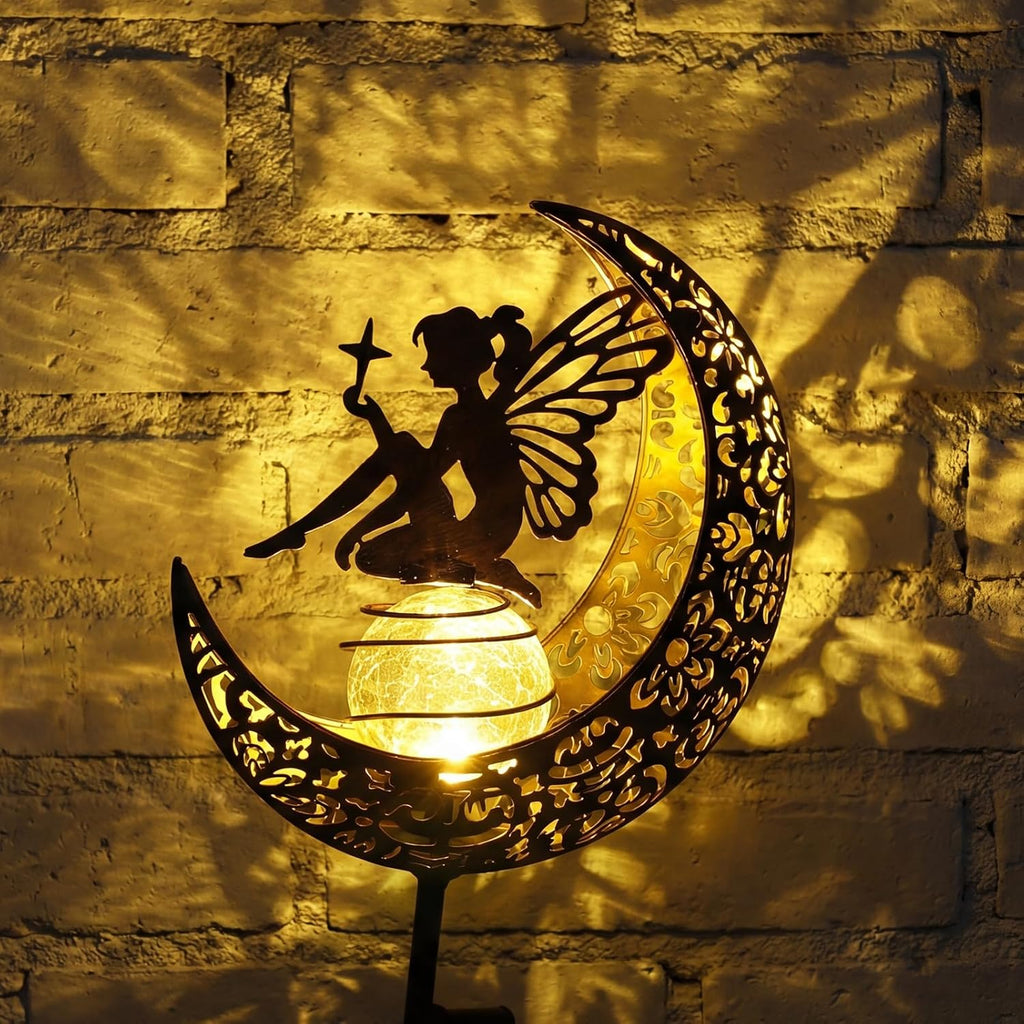 MEBRUDY Fairy Solar Garden Outdoor Decor, Moon Figurine Light Stake Housewarming Ornament for Patio, Lawn, Yard, Pathway, Unique Gift Ideas for Gardening, Mom, Grandma, Women