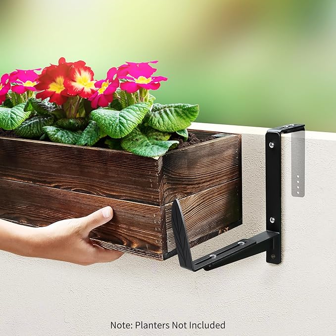Window Box Brackets, Adjustable Planter Box Brackets, Heavy Duty Iron Flower Box Bracket for Deck Railing with Upgraded Bottom Support - Ideal for Balconies, Fences, and Gardens (6 Pack)