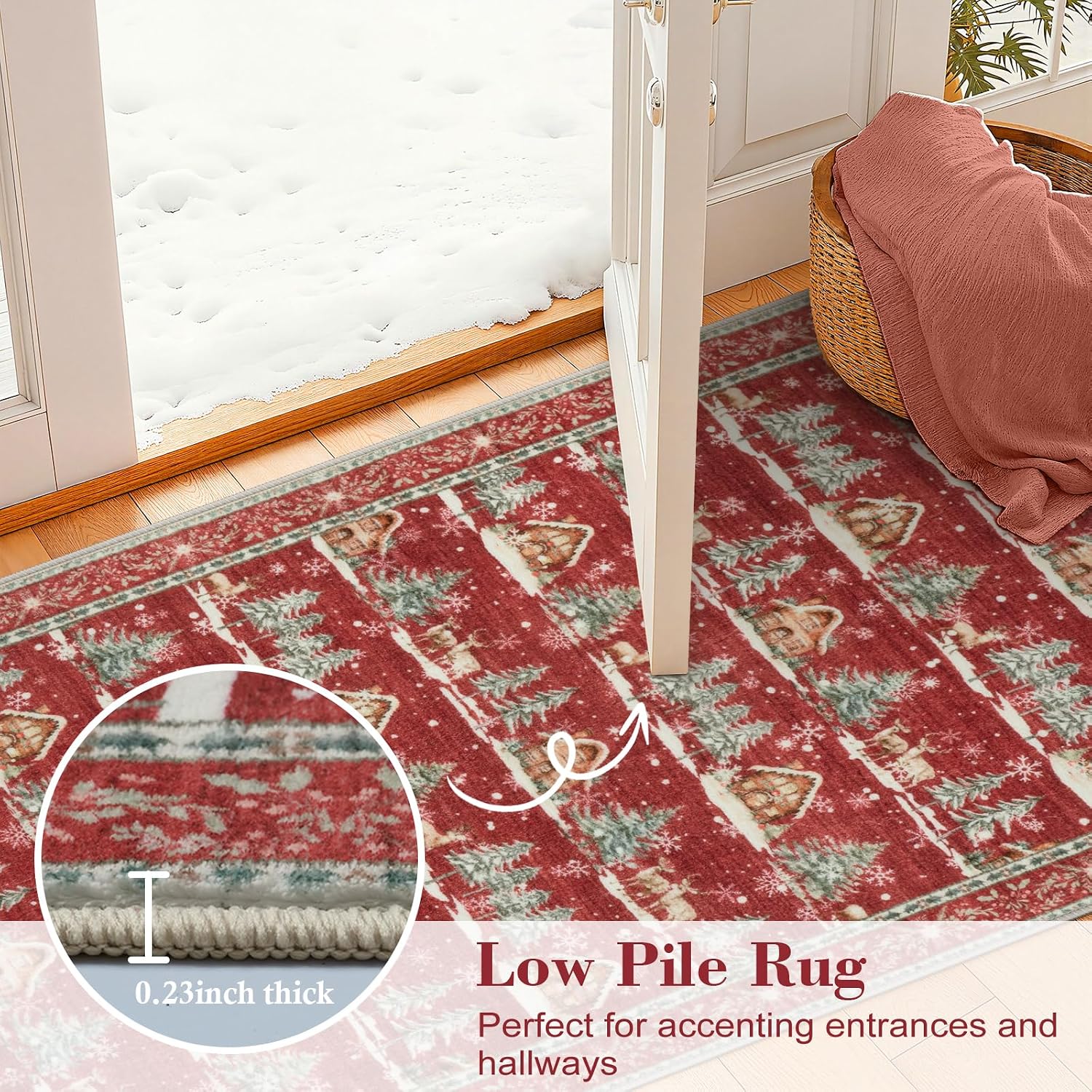 Christmas Runner Rug 2x6 Red Rugs for Hallway Winter Home Decor | Washable Entryway Rugs Runner, Non Slip Kitchen Rug, Xmas Elk Stain Resistant Bathroom Bedside Carpets for Holiday Decor