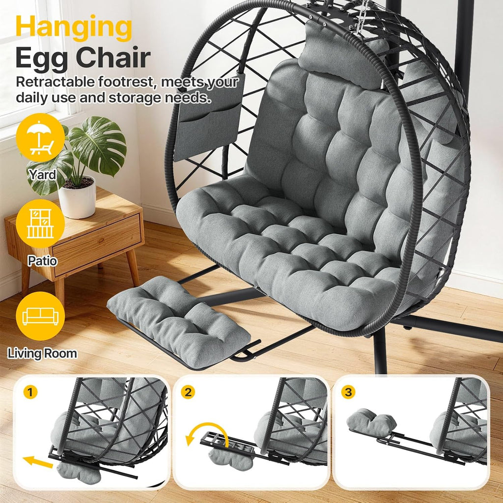 Suteck Double Hanging Egg Chair with Adjustable Footrest & Stand, Grey | Indoor Outdoor 2 Person Hanging Wicker Hammock Swing Chairs, With Cushion, 660lbs Capacity, For Patio, Bedroom, Lawn, Garden