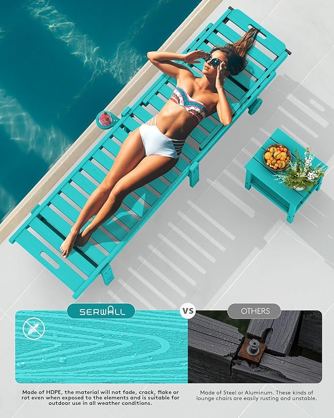 SERWALL Outdoor Chaise Lounge Set of 2 with 9FT Umbrella, HDPE Pool Lounge Chair with 5-Position Adjustable Backrest, Patio Lounger with Rolling Wheels & Cup Holder for Pool, Aruba