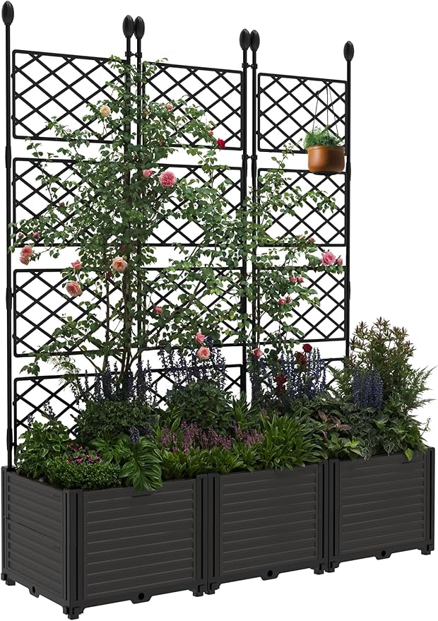 3 PCS Raised Garden Bed with Trellis,63" h Vertical Planter Box with Drainage Holes for Climbing Plants, Patio Privacy Screen & Balcony Garden