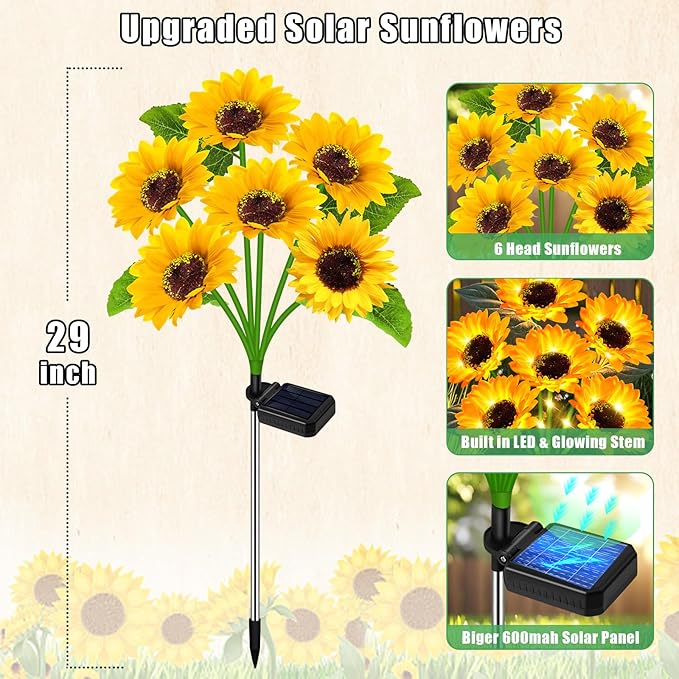 Solar Sunflower Lights Outdoor Flower Lights,6 Pack 36 Sunflower Waterproof Lights for Outside Party Gardening Gifts Mother's Day for Patio Yard Pathway Party Housewarming Gift