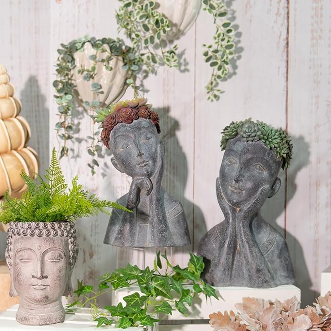 Newman House Studio Succulents Face Planters Pots Head - Flower Pot with Drainage Hole Face Head Large Garden Farmhouse Decor 9.4 x 7.2 x 13.9 inch