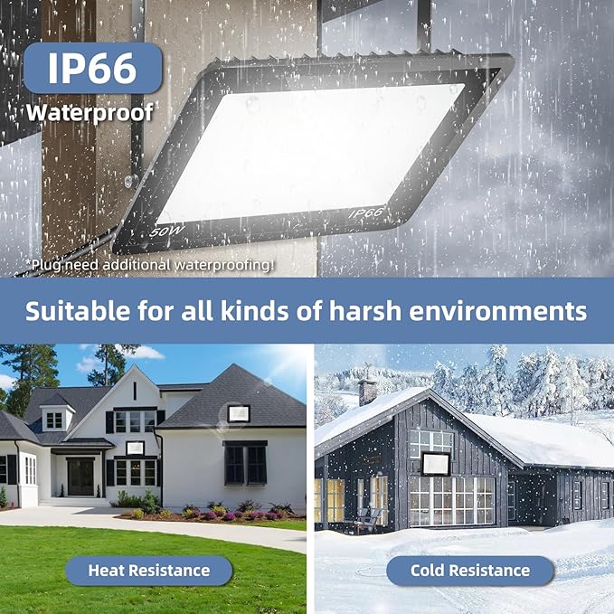 50W Flood Lights Outdoor,8000LM Bright LED Work Light,IP66 Waterproof Outside Lights for Yard with Switch and 6.5FT Plug,6500K Daylight White Outdoor Yard Light for Garage,Garden,Stadium(4Pack)