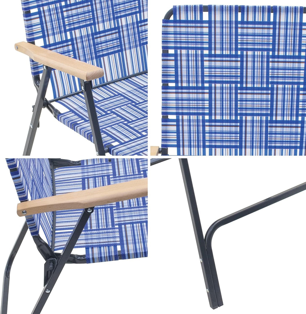 Garden Elements Folding Patio & Lawn Chairs – Steel Frame with Blue Woven Fabric and Wooden Armrests, Comfortable Full-Size Outdoor Chairs for Backyard, Camping, or Events (Pack of 2)
