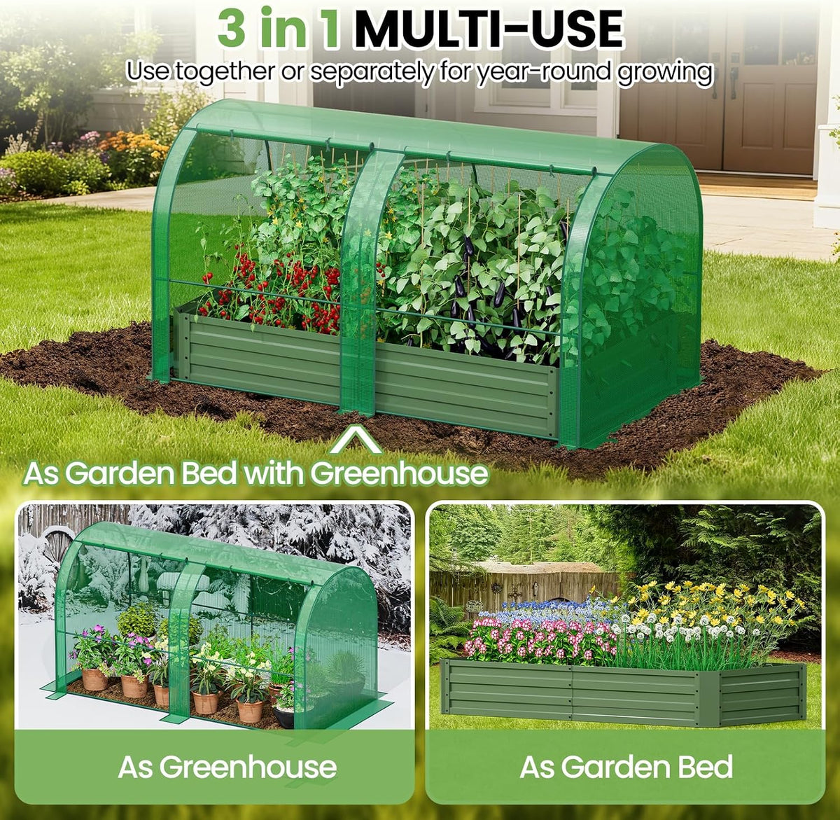 specilite raised garden bed with mini greenhouse, galvanized shown in use