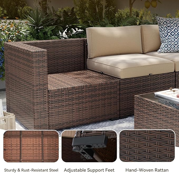 Aoxun Patio Furniture Sets, 8-Piece Outdoor Patio Furniture with 44'' Propane Gas Firepit Table, Wicker Outdoor Conversation Set Sectional Sofa for Backyard, Poolside, Garden (Black Cushion)