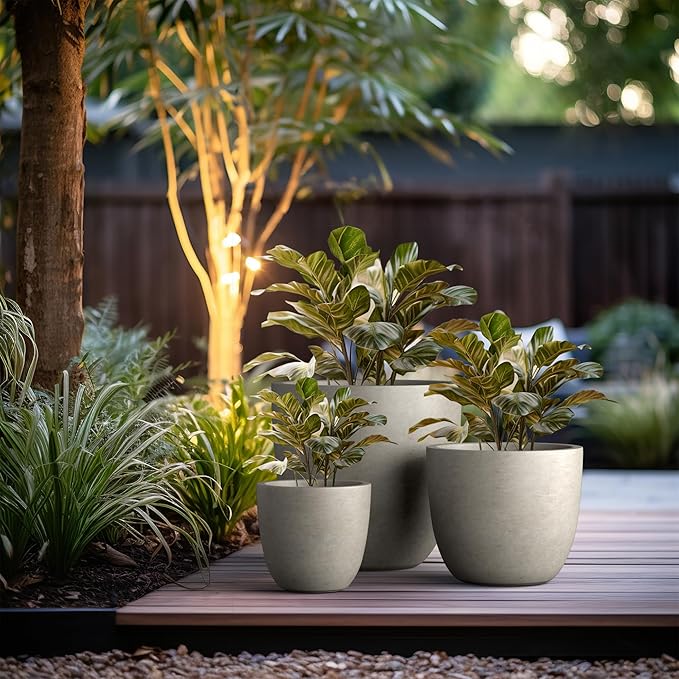 Kante 18",14",10" Dia Concrete Round Planters (Set of 3), Outdoor Indoor Large Planter Pots with Drainage Hole and Rubber Plug for Home Patio Garden, Buff Concrete