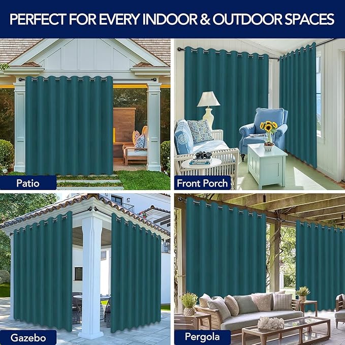 PureFit Outdoor Curtains for Patio Waterproof Weatherproof, UV Resistant Outside Curtains for Gazebo, Front Porch, Pergola, Sun Blocking Privacy Curtain, 120W x 84L inch, 1 Panel, Teal