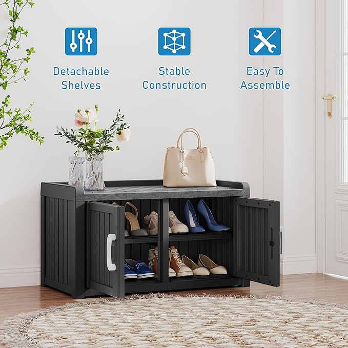 2-Tier Storage Bench, Waterproof UV-Resistant Outdoor Shoe Storage Cabinet with 2 Doors & Adjustable Shelves for Indoor Outdoor Entryway, Hallway, Living Room (Grey)