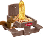 Kingsyard Squirrel Feeder Table for Outside, Recycled Plastic Squirrel & Chipmunk Picnic Table Feeder with Corn Cob Holder, 2 x Solid Structure Benches, Easy to Clean (Brown) | WPC Composite Squirrel & Chipmunk Picnic Table Feeder with Corn Cob Holder, 2