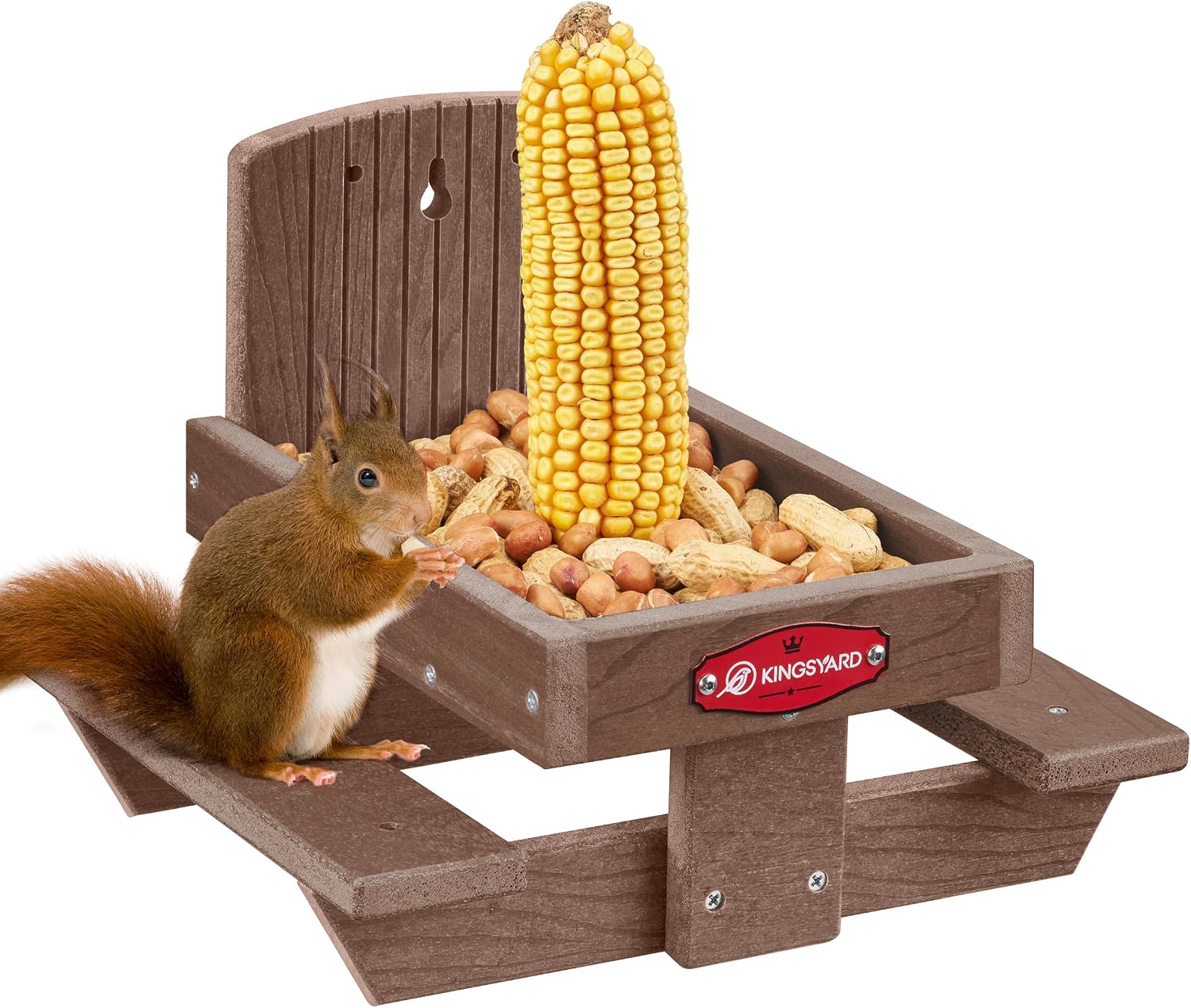 Kingsyard Squirrel Feeder Table for Outside, Recycled Plastic Squirrel & Chipmunk Picnic Table Feeder with Corn Cob Holder, 2 x Solid Structure Benches, Easy to Clean (Brown) | WPC Composite Squirrel & Chipmunk Picnic Table Feeder with Corn Cob Holder, 2