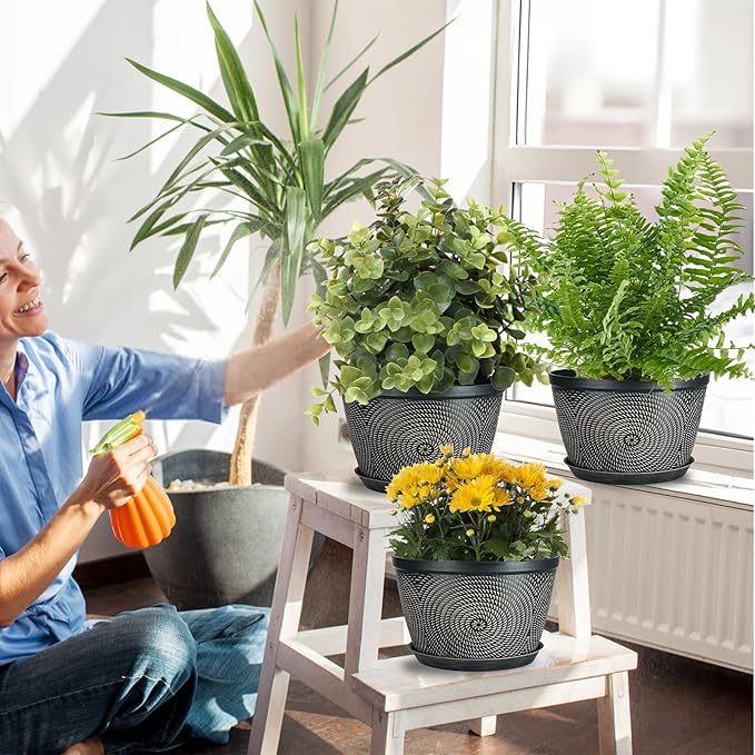 Quarut 10 Inch Flower Pots for Outdoor Indoor, 3 Pack Plastic Plant Pots with Drainage Hole & Tray, Modern Decorative Garden Pot with Saucer, planters for House (Brown)