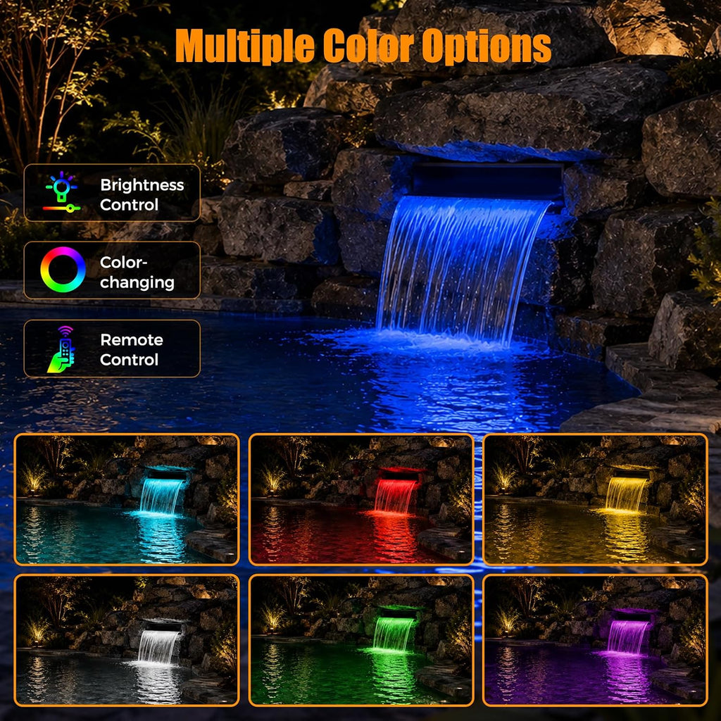 All-in-1 Pond Waterfall Spillway Kit, 12" Stainless Steel | 304 stainless steel spillway, 660 GPH pump, 8 ft lift, easy setup, steady flow, quiet, 10 FT hose, for pond, garden, backyard