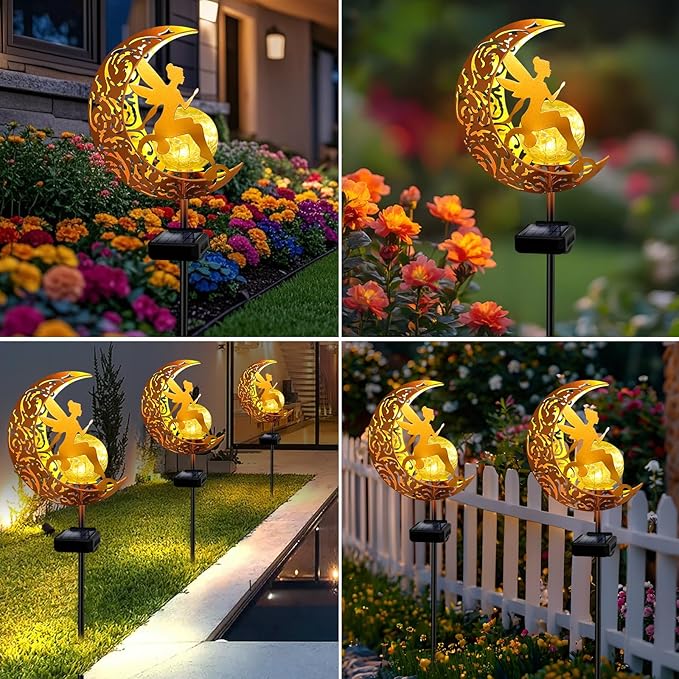 YJFWAL 2 Pack Garden Solar Lights Pathway Stake Lights Moon Fairy Glass Globe with Angel Decor, Birthday Christmas Gift for Mom Grandma Friends, Outdoor Decor Light Waterproof for Walkway, Yard, Patio