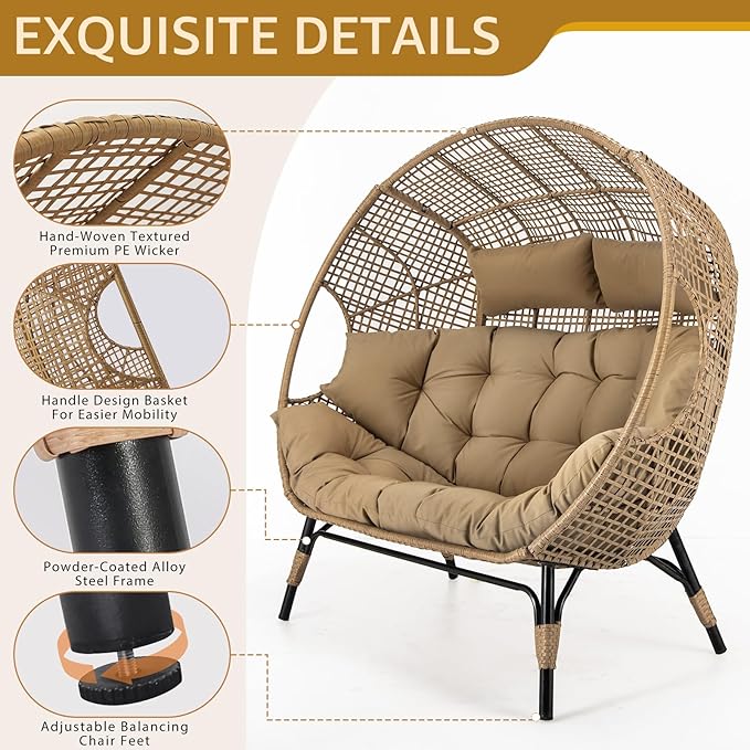 NICESOUL® Double Egg Chair Indoor Outdoor Stationary Oversized 6.5" Thick Padded Cushions,2 Person Wicker Egg Loveseat Chair,680 lbs Extra Wide Lounge Chair for Patio Balcony Porch Brown with Cover