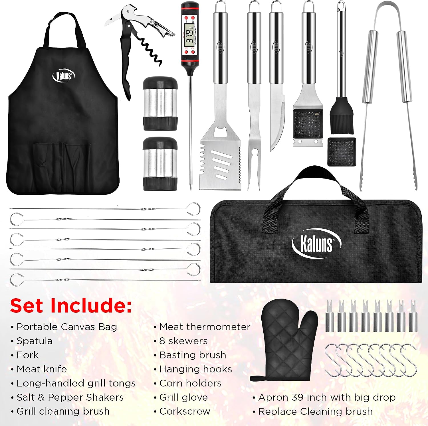 Kaluns Grilling Accessories, Dad Gifts for Christmas, Heavy Duty Stainless Steel Grill Set BBQ Grill Accessories for Outdoor Grill with Meat Thermometer, Case and Apron
